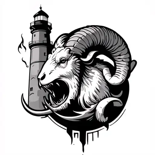 Ram Biting A Torch Surrounding A Lighthouse