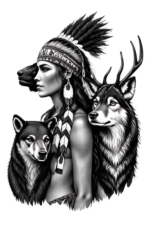 Native American Woman With Bear And Deer And A Wolf