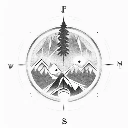 Mountain Range With A Forest Theme With A Compass In The Background Rising Similiar To A Sunrise