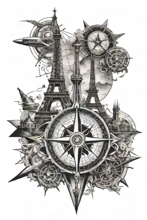 A Compass Rose Surrounded By Various Travel Landmarks Like The Eiffel Tower And Pyramids