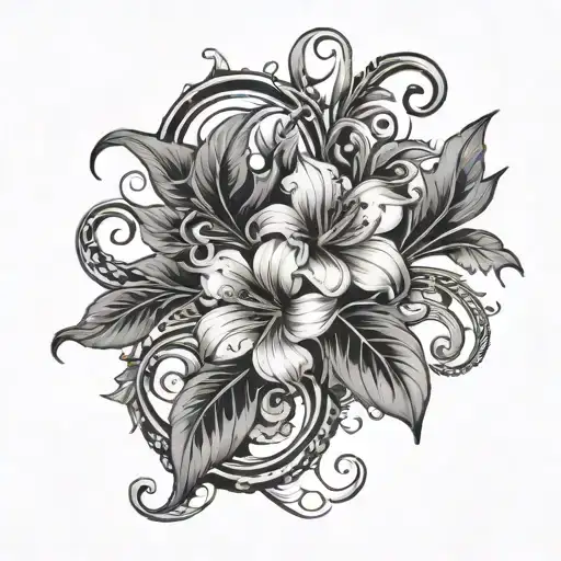 Graphic Flower And Filigree Vine Intertwined