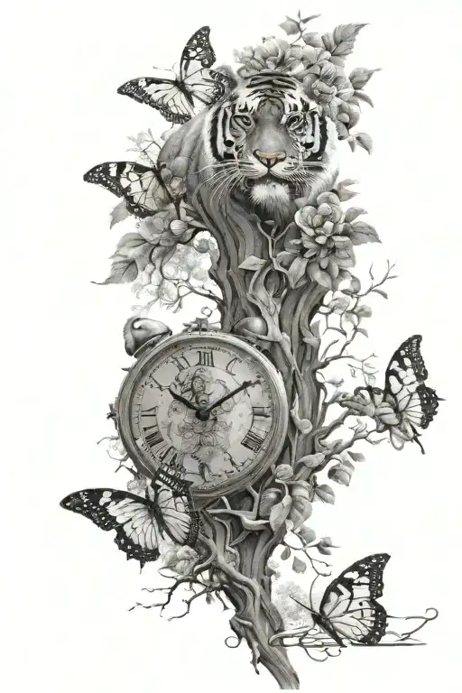 Big Tree And Clock And Tiger Eyes Butterfly