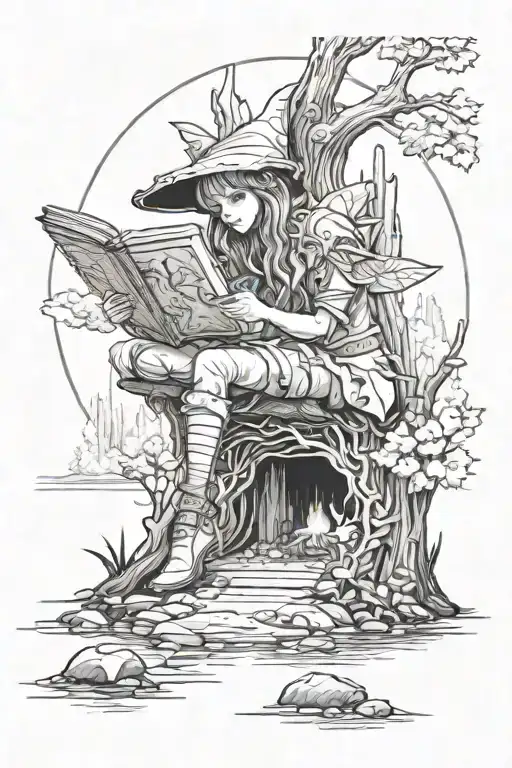 Log Center Enters Forest With Elf Fairy Reading By Enchanted Lake