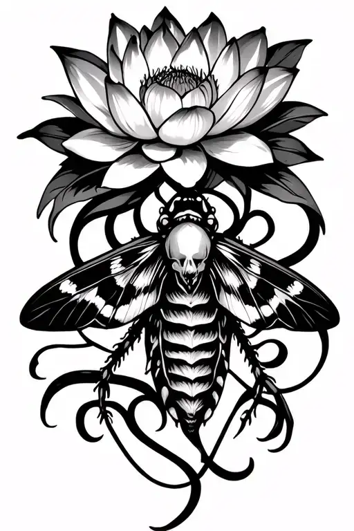 Death Moth Resting With Lotus Flower On Top And Curvy Lines Connecting Them