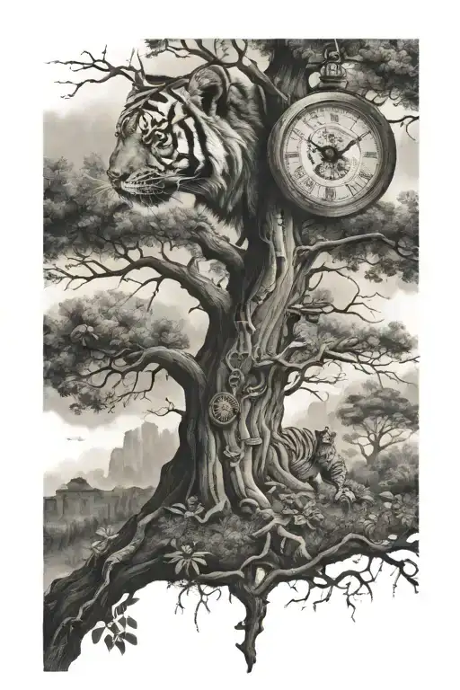 Big Tree And Clock And Tiger Eyes Garden