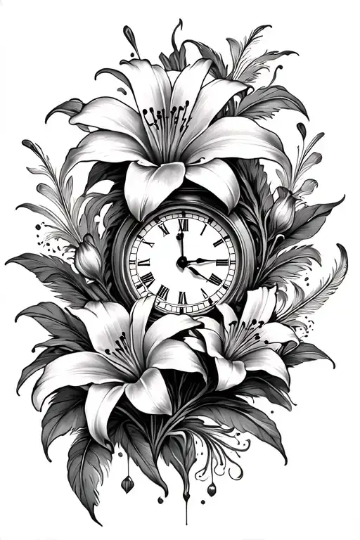 Lily Flowers And Feathers And Clock Face