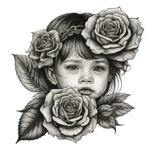 A Black And Grey Portrait Of A Child With A Rose Crown