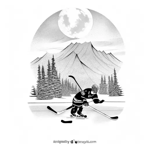 Pond Hockey Scene With A Goalie And Mountains In The Background
