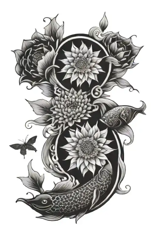 Mandala Design Incorporating Sunflower And Koi Fish