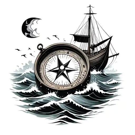 Broken Compass And Small Boat Surrounded By Crashing Waves Lost At Sea