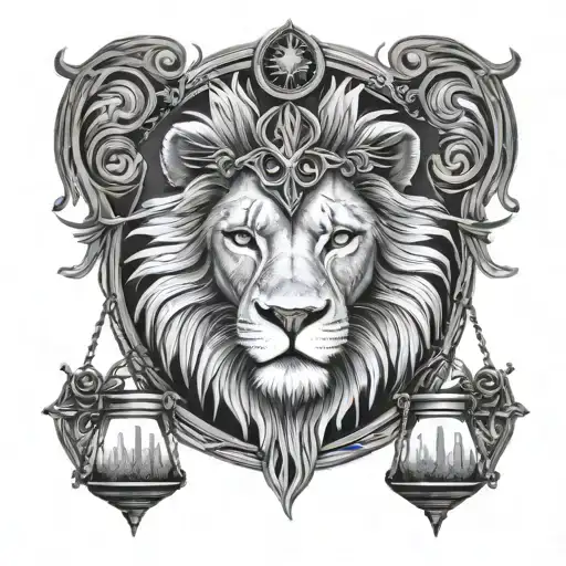 Lion Head And Justice Scales With Life Tree Emerging