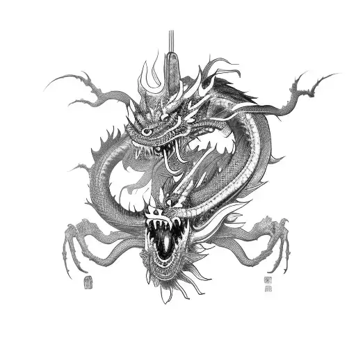A Sketch-style Chinese Dragon Emerging From The Eye Socket Of An Undead Samurai Skull