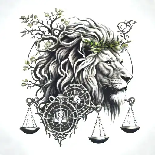 Lion Head And Justice Scales With Life Tree Emerging