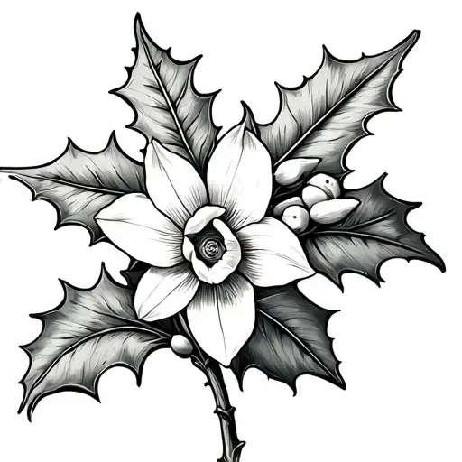 Narcissus And Holly Berry Fine Line Tattoo With Stem