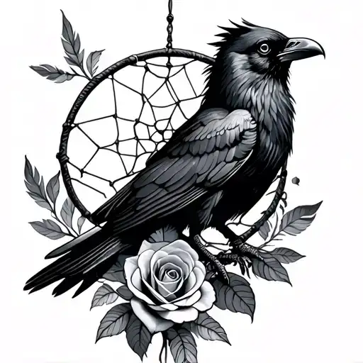 Black Raven Flying Surrounded By Two Wrapped Roses And Dreamcatcher With Long Feathers