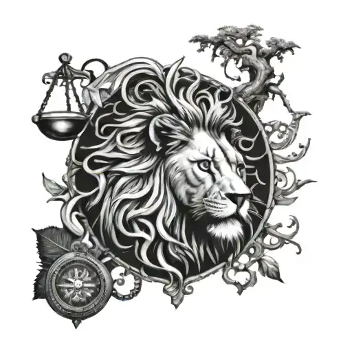 Lion Head And Justice Scales With Life Tree Emerging