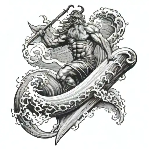 A Detailed Black And Grey Tattoo Of Poseidon Riding A Massive Wave While Holding His Trident