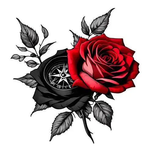 Two Rose Wrapped One Black One Red With A Vintage Compass