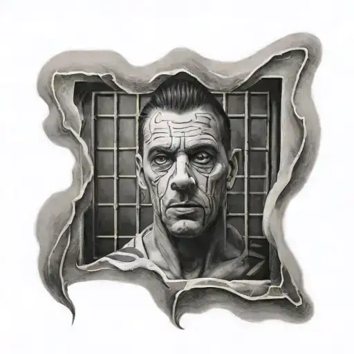 A Tattoo Of A Prison Cell With A Ghostly Image Of A Father Figure In The Background
