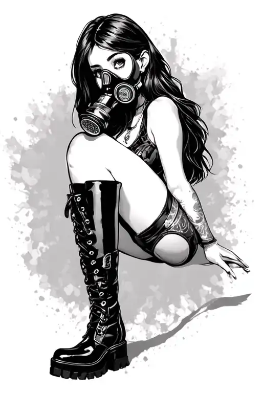 Sexy Girl Wearing Black Knee High Boots And A Gas Mask