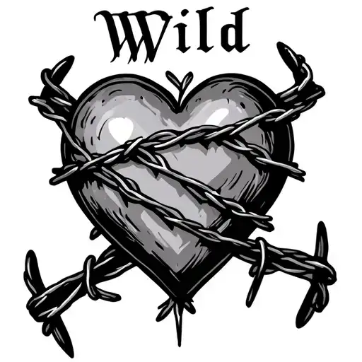 Heart Wrapped In Barbwire With Word Wild Written In Top And Heart Written On Bottom