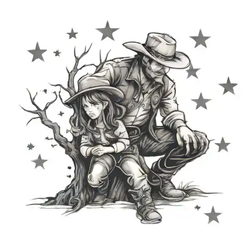 Cowboy Kneeling Down With A Little Girl Running To Him Underneath A Tree And Stars