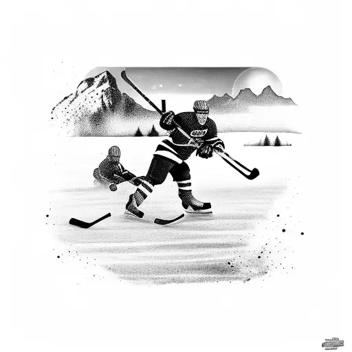 Pond Hockey Scene With A Goalie Silhouette And Mountains In The Background