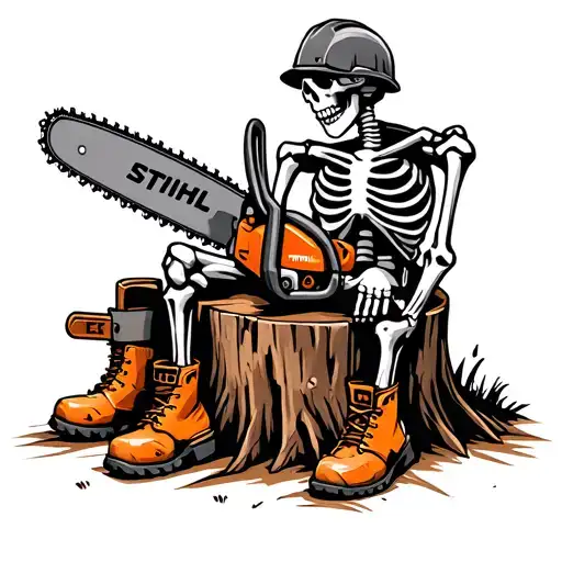Skeleton Sitting On A Stump With Cork Boots On And Hard Hat Stihl Chainsaw Sitting Next To Stump