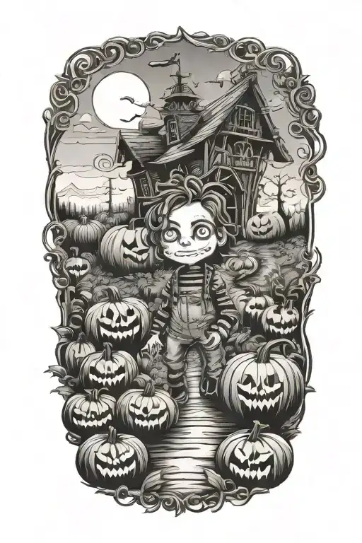 A Whimsical Tim Burton-inspired Pumpkin Patch With Chucky Elements Intertwined Tattoo Idea