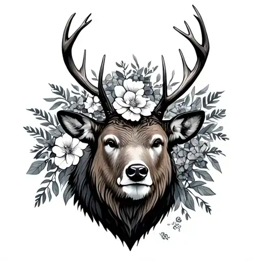 Deer With Flowers Wrapped In Antlers A Bear Behind It