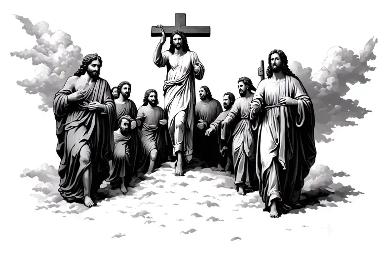 Story Of Jesus Christ Walking With Cross Surrounded By People Angles On Too Clouds