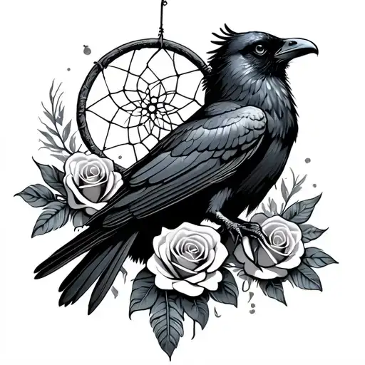Black Raven Flying Surrounded By Two Wrapped Roses And Dreamcatcher With Feathers