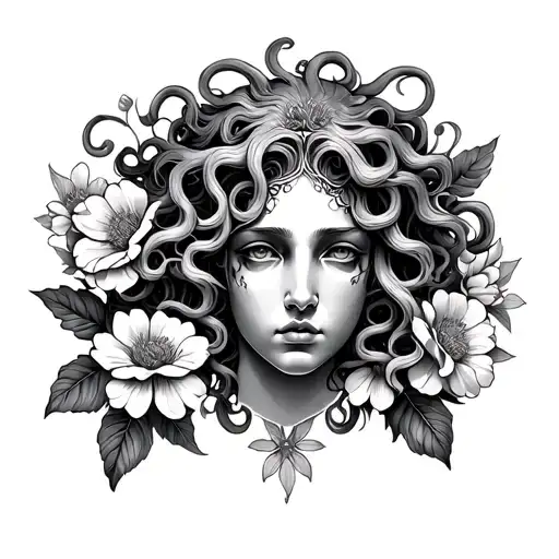 Medusa Head Surrounded By Blooming Flowers