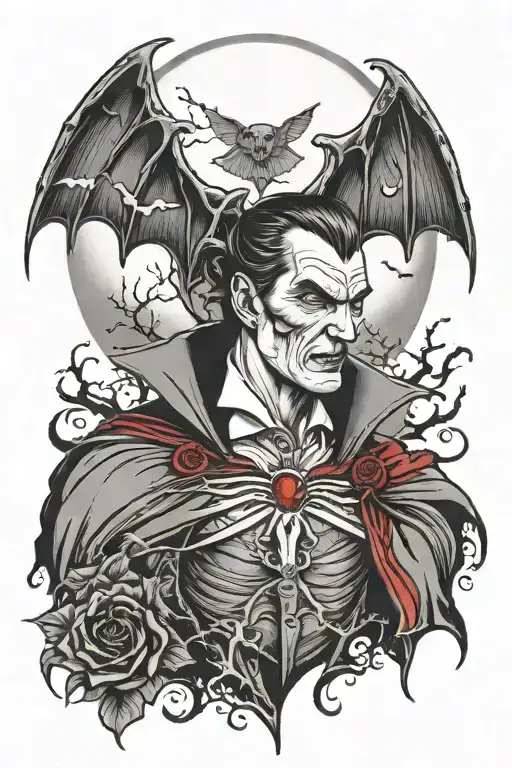 Dracula With A Bloody Steak In His Heart Under A Blood Moon With Bats