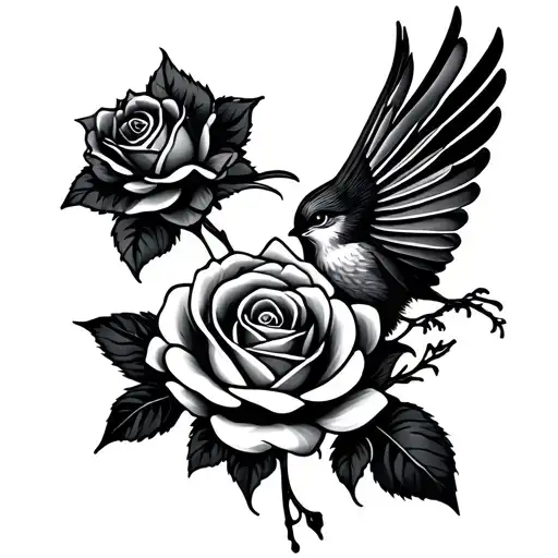 Bird And Rose With Floral Design Combining Elements