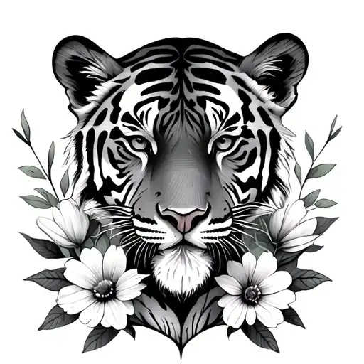 Birthflowers With Tiger And Two Cubs Face Only