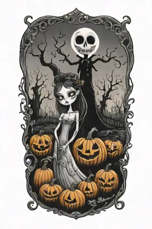 A Whimsical Tim Burton-inspired Pumpkin Patch With The Corpse Bride Elements Intertwined Tattoo Idea