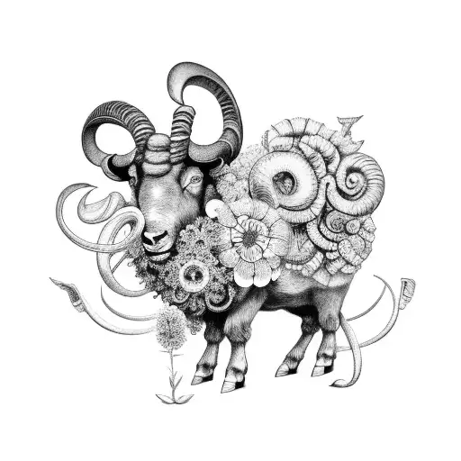 A Black And Grey Tattoo Of A Mechanical Ram Surrounded By Pernambuco Flowers