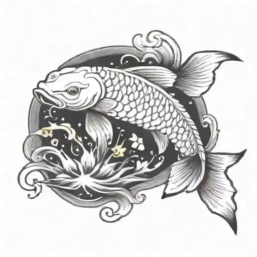 An Intricate Black And Grey Tattoo Of A Koi Fish Swimming Towards A Glowing Religious Symbol