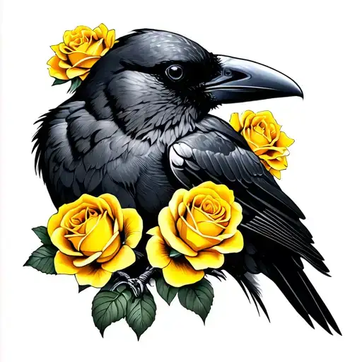 A Crow With Yellow Roses