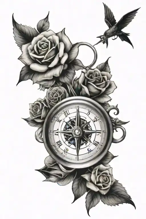 Clock And Compass With Rose