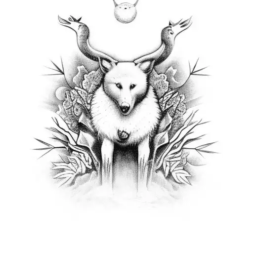 A Black-grey Tattoo Depicting A Scene From Latvian Folklore With Animals And Nature