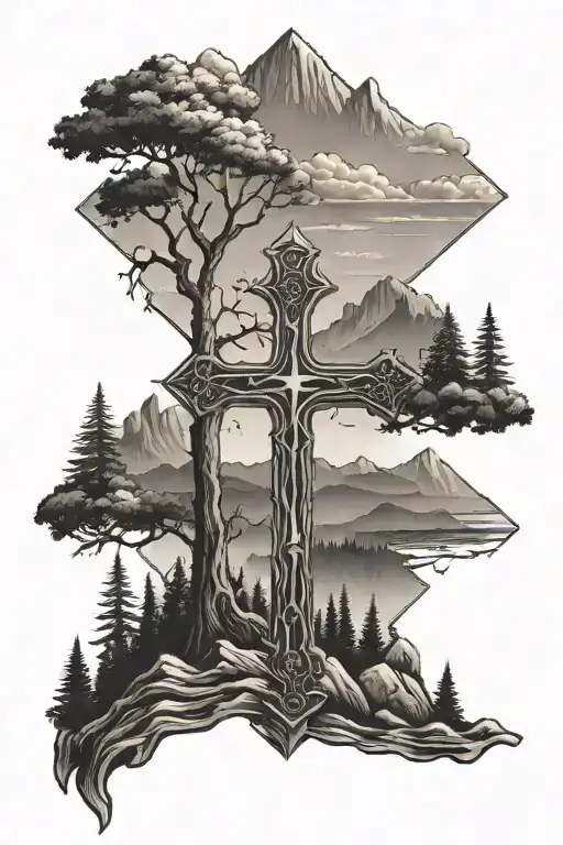 A Christian Cross With Trees And Mountains In The Background