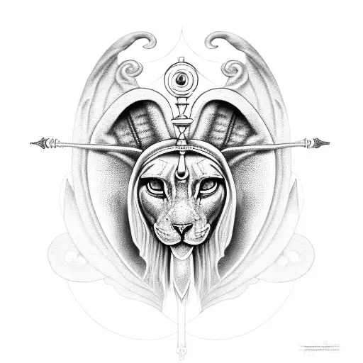 A Mystical Black And Grey Sphinx With The Eye Of Horus On Its Forehead