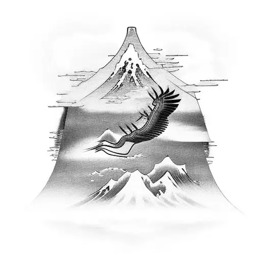An Intricate Japanese-inspired Tattoo Of A Crane Flying Over A Mountain