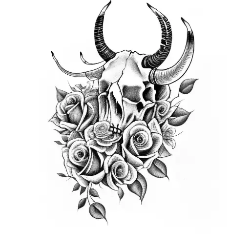 Long Horn Skull With Roses And Vines