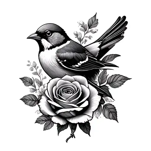 Sparrow And Rose With Floral Design