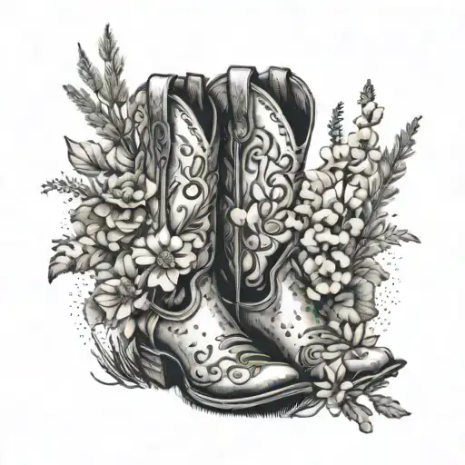 A Dotwork Design Of A Cowboy Boot Filled With Wildflowers And Sage Brush