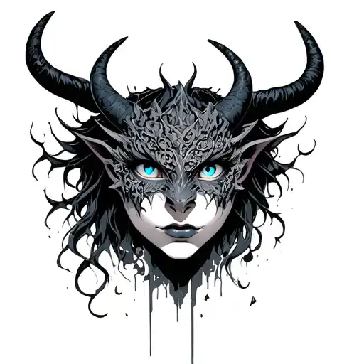 Mask Demon Hanya Broken By The Falls And Inside The Girl's Face With Blue Eyes