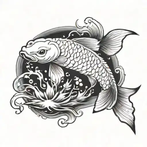 An Intricate Black And Grey Tattoo Of A Koi Fish Swimming Towards A Glowing Religious Symbol